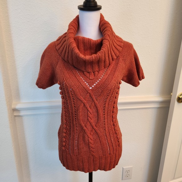 H&M Rust Orange Short Sleeve Cable Knit Cowl Neck Sweater Women's Medium - Picture 1 of 8